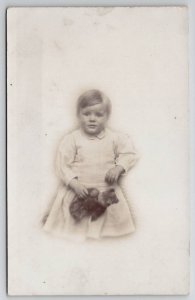 RPPC Victorian Child With Antique Teddy Bear Stuffed Toy Portrait Postcard S30