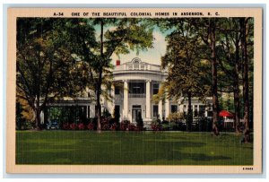 1940 Beautiful Colonial Home Anderson South Carolina SC Vintage Antique Postcard