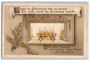 1910 Christmas Fireplace Holly Berries Bemidji Minnesota MT Antique Postcard