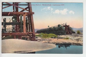 P1983, old postcard  RR train tanker cars oil well bakersfield calif unused