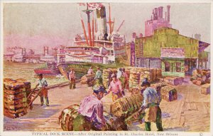 New Orleans LA Typical Dock Scene from Painting St. Charles Hotel Postcard G50