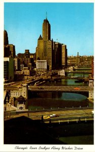 Illinois Chicago River Bridges Along Wacker Drive Looking West From Michigan ...