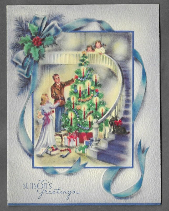 VINTAGE 1940s WWII ERA Christmas Greeting Holiday Card FAMILY DECORATING TREE