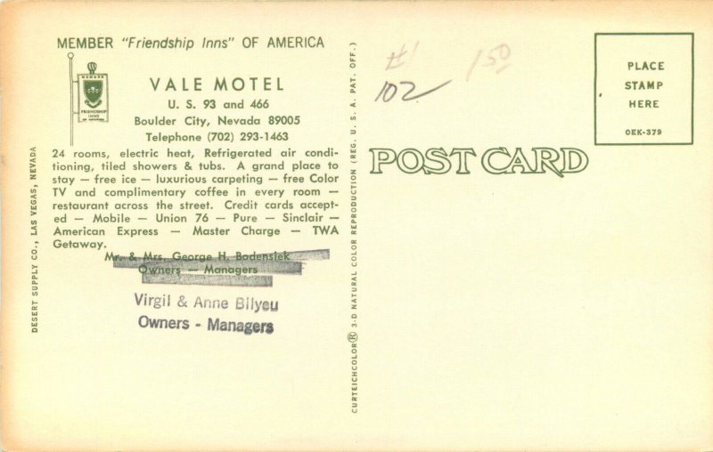 1950s Vale Motel Boulder City, Nevada  Vintage Postcard