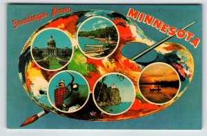 Postcard Greetings From Minnesota Chrome Paint Pallet Paintbrush Colorful Dexter