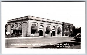Necedah Wisconsin~Bank Post Office & Masonic Temple~Window Awnings~1940s RPPC