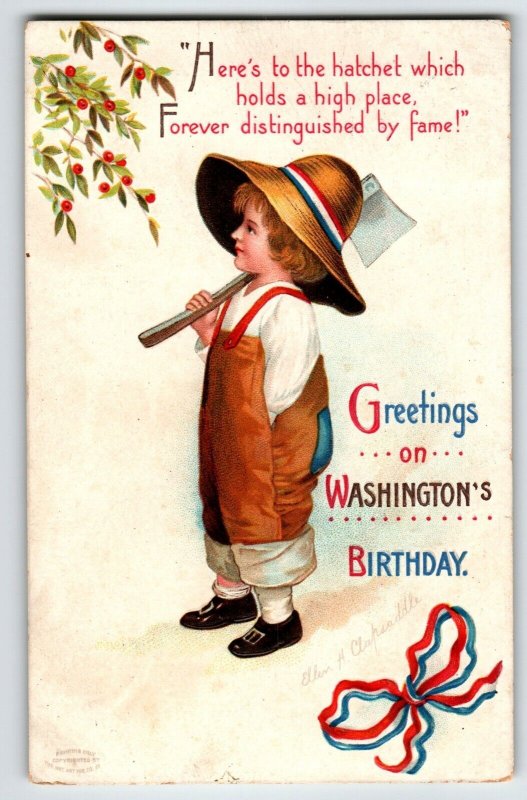 George Washington Birthday Postcard Ellen Clapsaddle Child With Axe 1913 Emboss