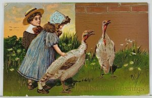 Thanksgiving Sweet Children Turkeys Gilded Embossed 1908 MN Postcard L10