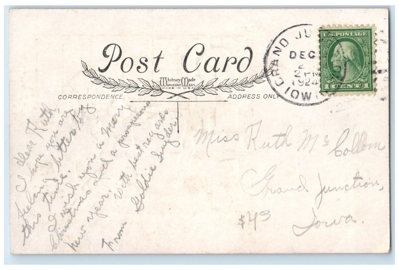 1924 Christmas Little Girl Toys Mistletoe Berries Grand Junction Iowa Postcard