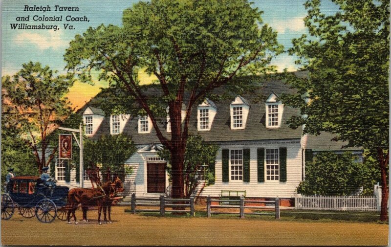 Historic Raleigh Tavern & Colonial Coach Williamsburg Virginia Linen Postcard