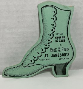 Vtg 1880s Jameson's Boots & Shoes Shape Diecut Business Trade Card Brockton MA