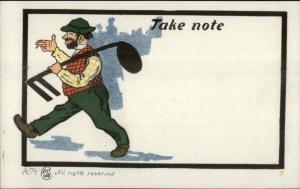 Hobo Tramp Carrying Large Music Note TAKE NOTE c1910 Postcard