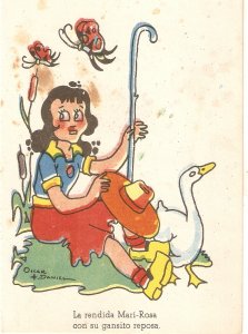 Oscar Daniel. Mari-Rosa with her little duck· Vintage Spanish postcard