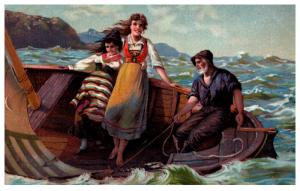 Greek women standing in sailing Skiff