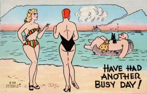 Comic Man Floating Binoculars Women Beach Bikini 'Another Busy Day Postcard G54