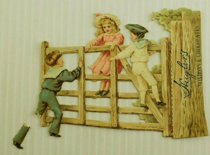 1880's Die-Cut Huyler's Bonbons & Chocolates Children On Fence 7P