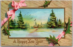 A Happy New Year Countryside Pine Trees Landscape Greetings Postcard