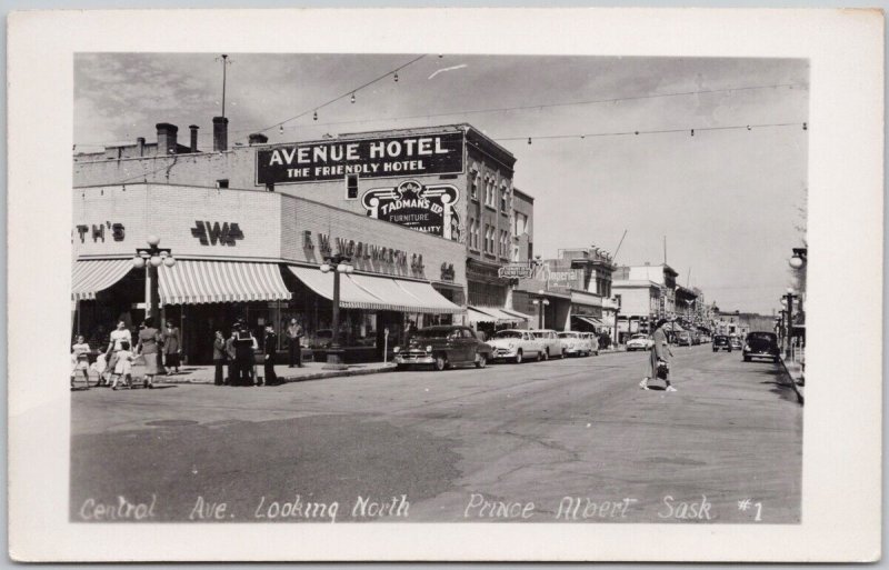 Central Avenue Prince Albert Saskatchewan Avenue Hotel SK Canada RP Postcard D96