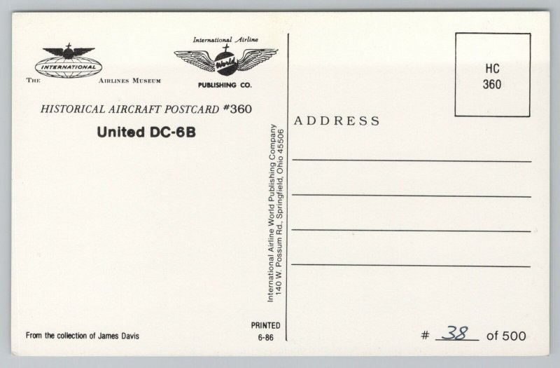 Aircraft~United Airlines DC-6B on Ground~Vintage Postcard 