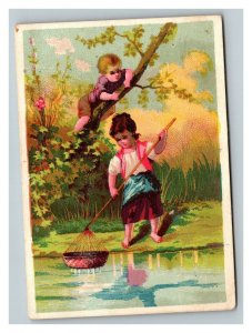 Vintage 1880's Victorian Trade Card Cute Children Basket Fishing in a Pond