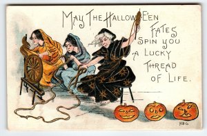 Halloween Postcard HBG HB Griggs Witches Sewing Wheel JOL Pumpkins Germany L&E