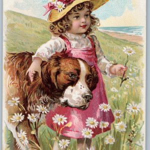 c1880s Adorable Girl w/ St. Bernard Dog Household Sewing Machine Trade Card C54