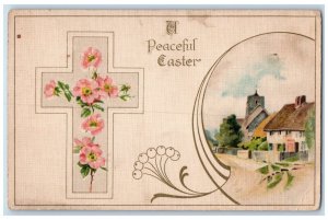 1915 Peaceful Easter Cross Pansies Flowers Houses Posted Antique Postcard
