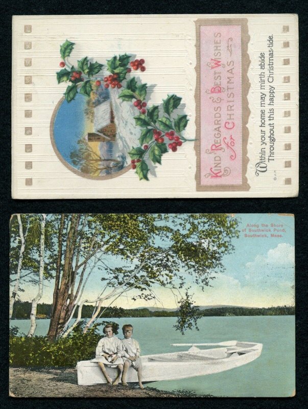 US Two post cards INVERTED dates 1918 and 1923 Southwick pond United