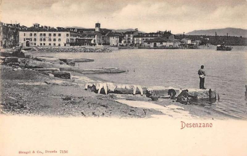 Desenzano Italy Beach Scene Man Fishing Vintage Postcard AA32531