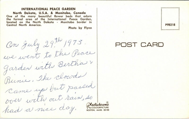 International Peace Garden North Dakota Manitoba Canada Postcard Postcard WOB  