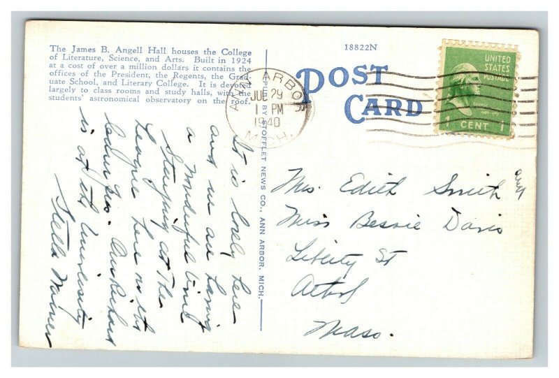 Vintage 1940 Postcard James B. Angell Hall University of Michigan Ann Arbor