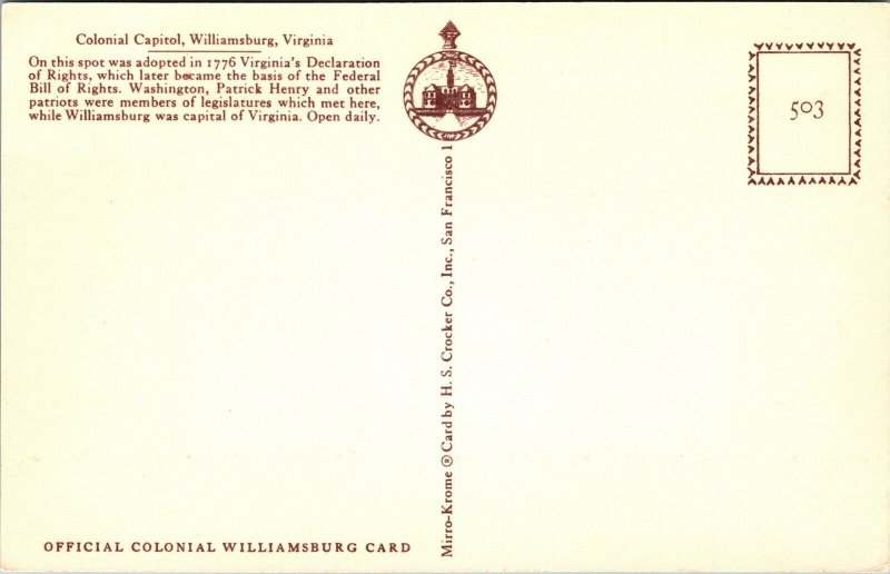 Colonial Capitol Williamsburg Virginia VA Postcard VTG UNP Mirro Vintage Unused 