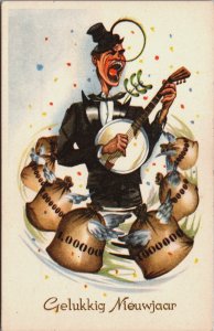 Happy New Year Men Makes Music Vintage Postcard C190