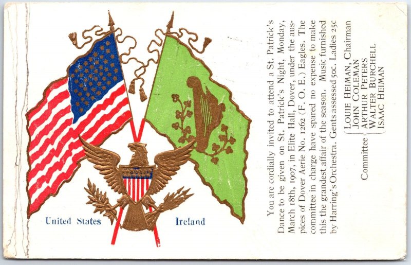 VINTAGE POSTCARD PATRIOTIC USA AND IRELAND ST. PATRICK'S DAY DANCE INVITE 1907