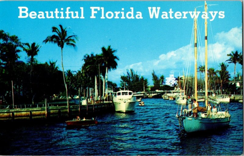 Beautiful Florida Waterways Miami 189th St. Water Palm Tree Boat Postcard VTG 