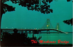 Mackinac Bridge Michigan Peninsulas Night View Lights Postcard VTG UNP LL Cook  