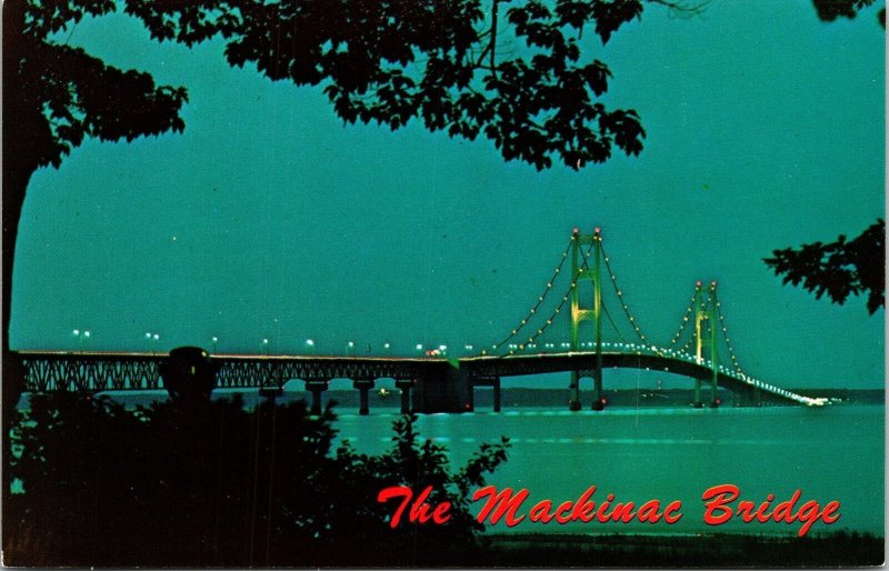 Mackinac Bridge Michigan Peninsulas Night View Lights Postcard VTG UNP LL Cook  