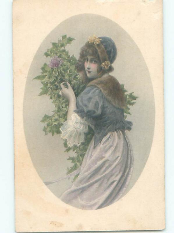 foreign Old Postcard EUROPEAN WOMAN COLLECTING CHRISTMAS HOLLY AC2620