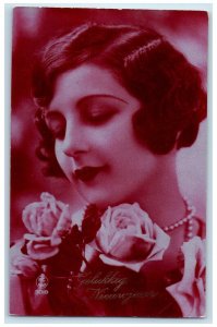 Happy New Year Pretty Woman Curly Hair Flowers France Unposted Vintage  Postcard