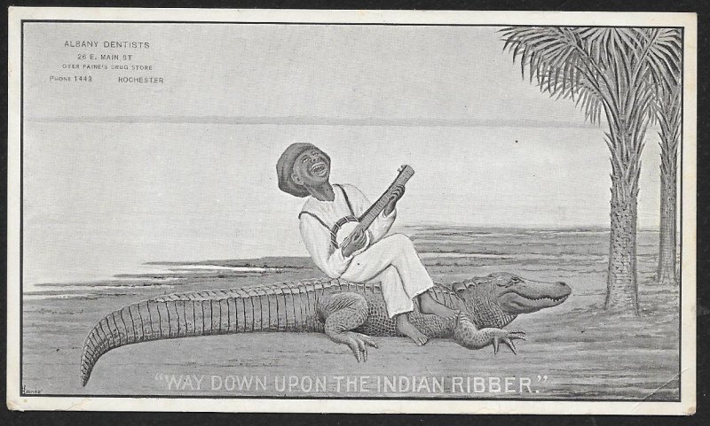 VICTORIAN TRADE CARD Albany Dentist Black Man Playing Banjo Sitting on Alligator