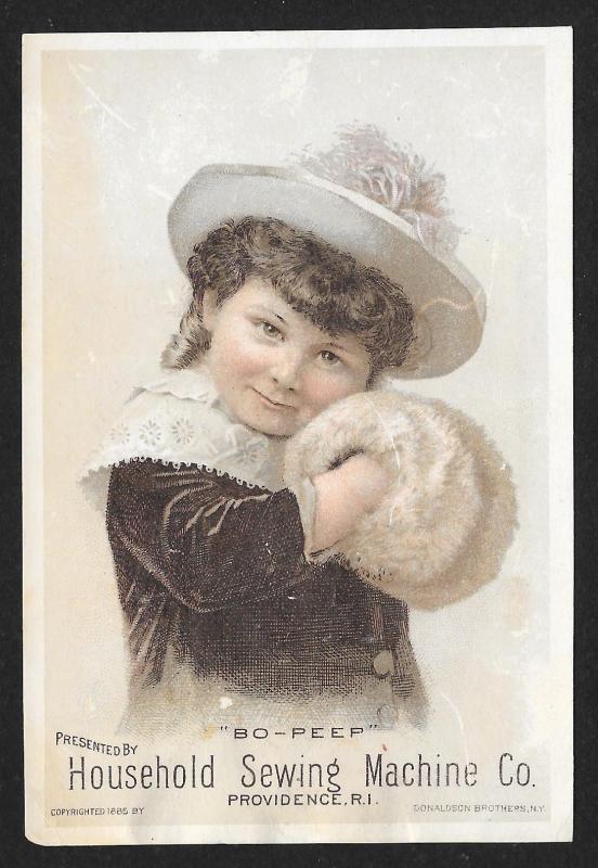 VICTORIAN TRADE CARD Household Sewing Co Girl in Coat, Hat & Muff Bo-Peep c1885