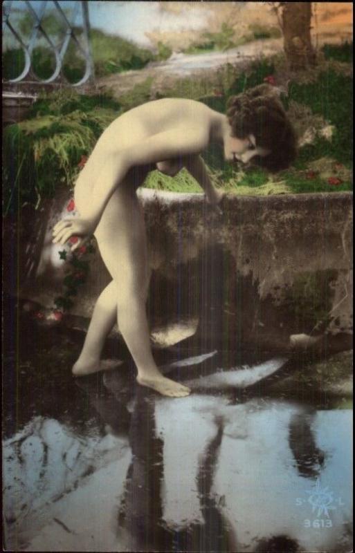 Beautiful Nude Woman in Nature c1920s Tinted Real Photo Postcard gfz