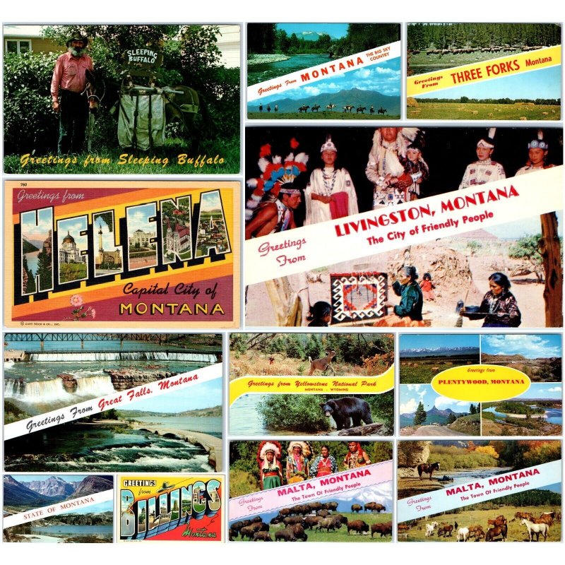 x12 Montana LOT c1960s Greetings Welcome Postcard Set Chrome Indian Native A180