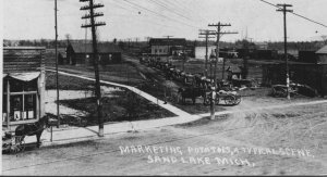 Sand Lake Michigan 19010 Wagons Horses Birds Eye Store Creepy Display RPPC -A34 