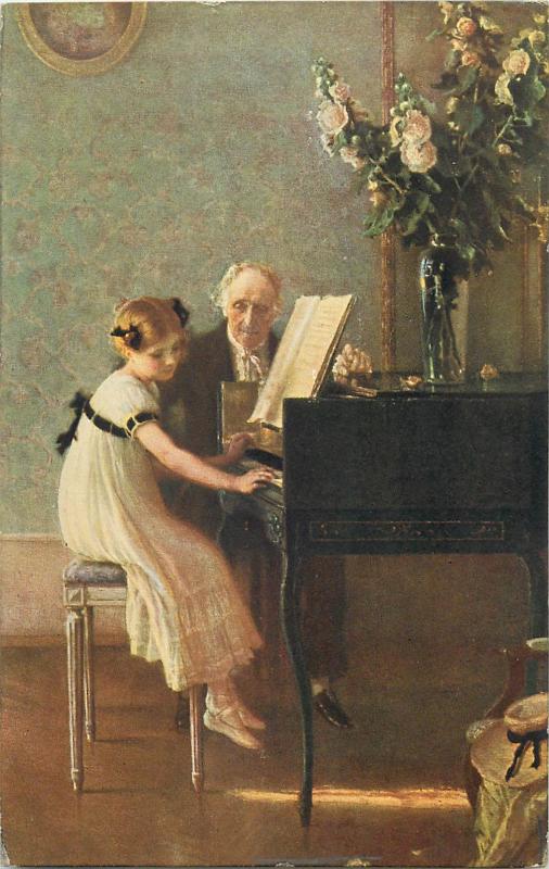 Meunier - The lesson of harpsichord 1912 art postcard