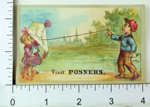 Cute Kids Trying To Fly A Kite Posner Bros Baltimore MD Victorian Trade Card F69