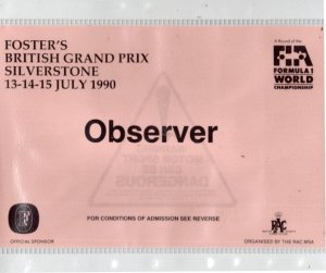 British Grand Prix 1990 Silverstone Private Observer Exclusive Pass