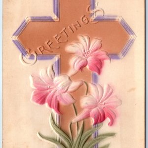 c1900s NICE Unposted Greetings Cross Hand Colored Spray Painted Lily Flower A229