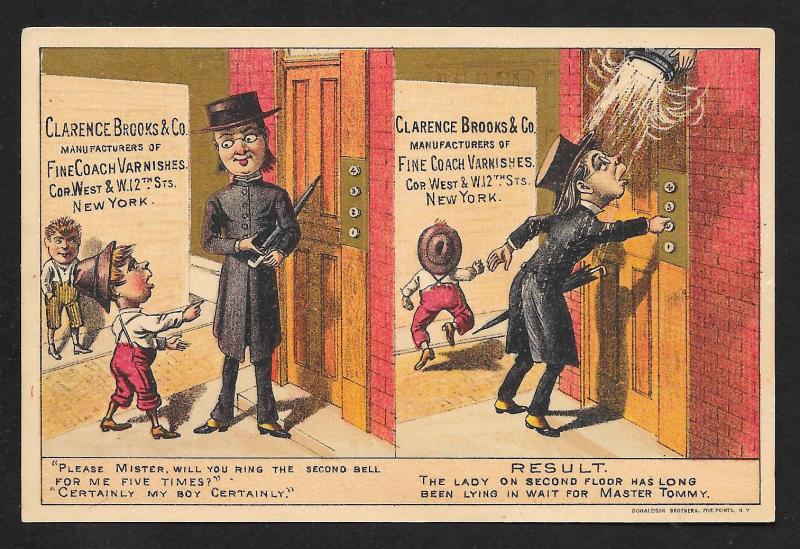 VICTORIAN TRADE CARD Clarence Brooks Varnishes Boy & Gentleman at Elevator