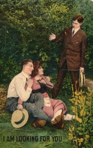 Love Romance, I Am Looking For You Couple Lovers Sitting on Grass Old Postcard